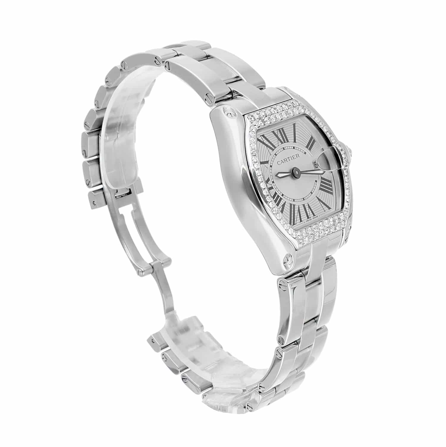 Cartier Roadster Ladies Silver Dial Stainless Steel Watch with Diamond Bezel W62016V3