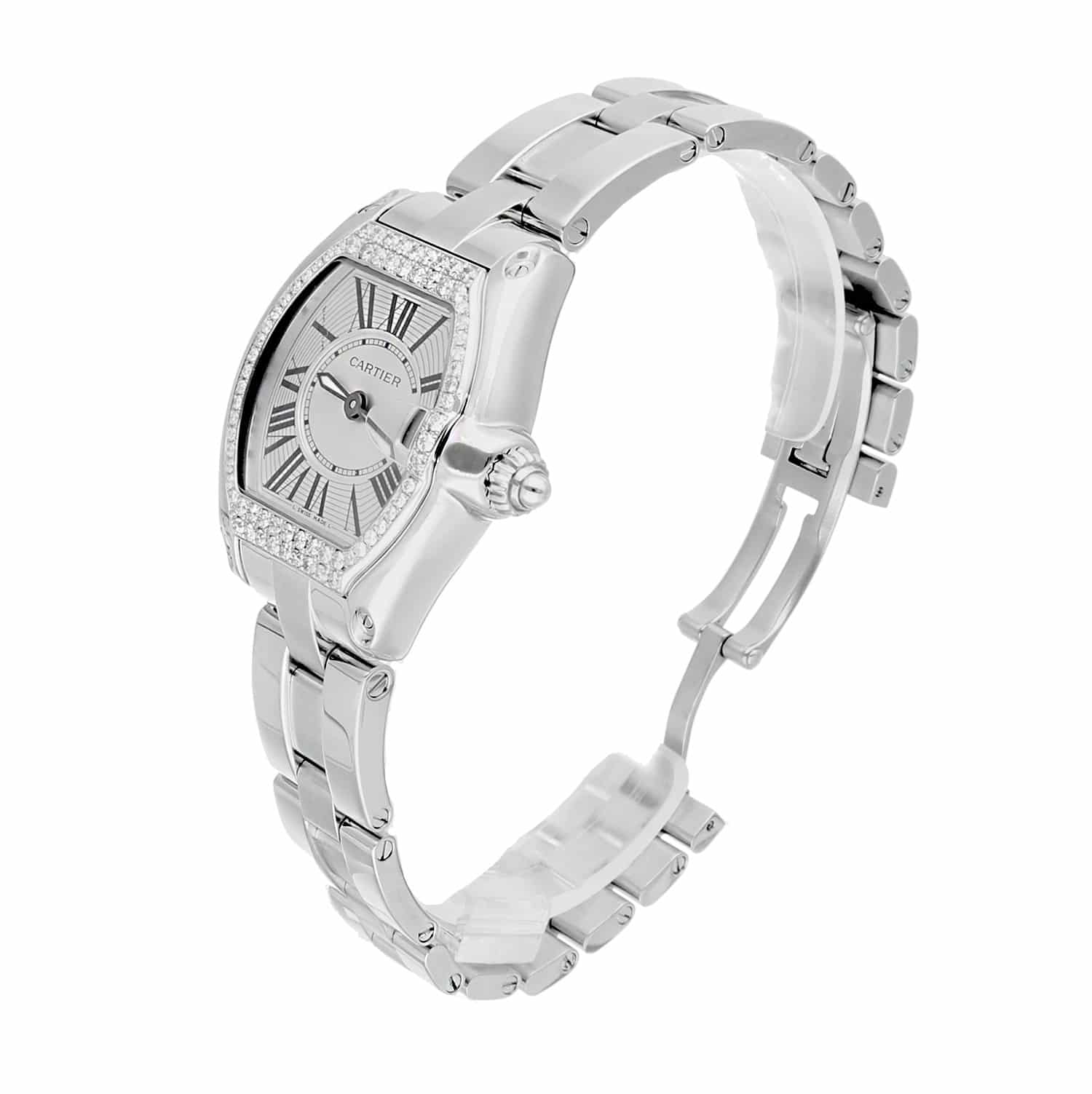 Cartier Roadster Ladies Silver Dial Stainless Steel Watch with Diamond Bezel W62016V3