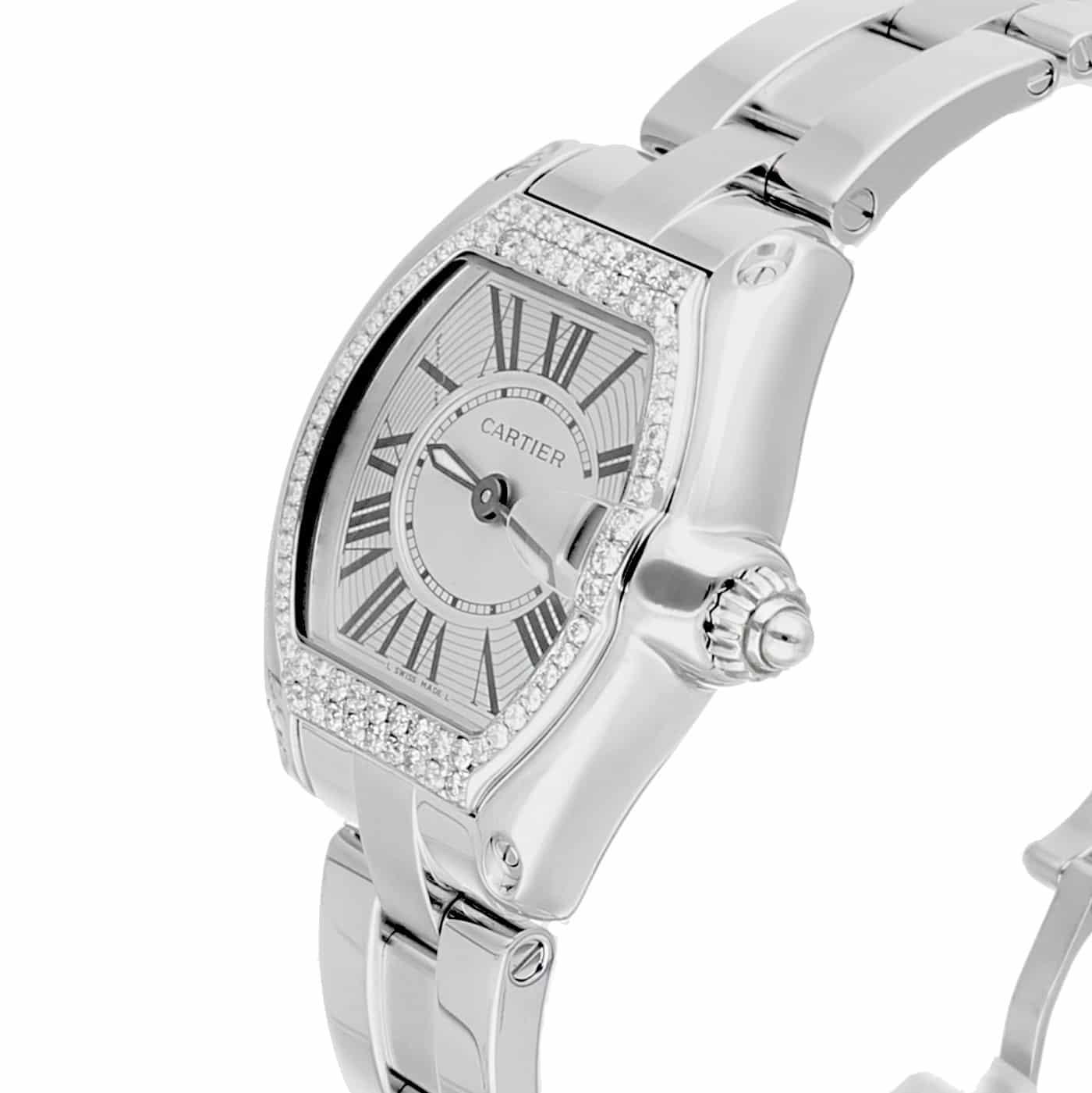 Cartier Roadster Ladies Silver Dial Stainless Steel Watch with Diamond Bezel W62016V3