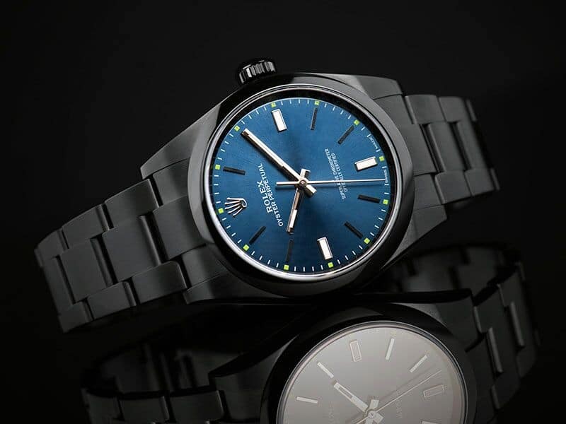 Rolex Oyster Perpetual Blue Dial Black PVD/DLC Coated Stainless Steel Watch 114300