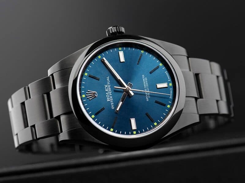 Rolex Oyster Perpetual Blue Dial Black PVD/DLC Coated Stainless Steel Watch 114300