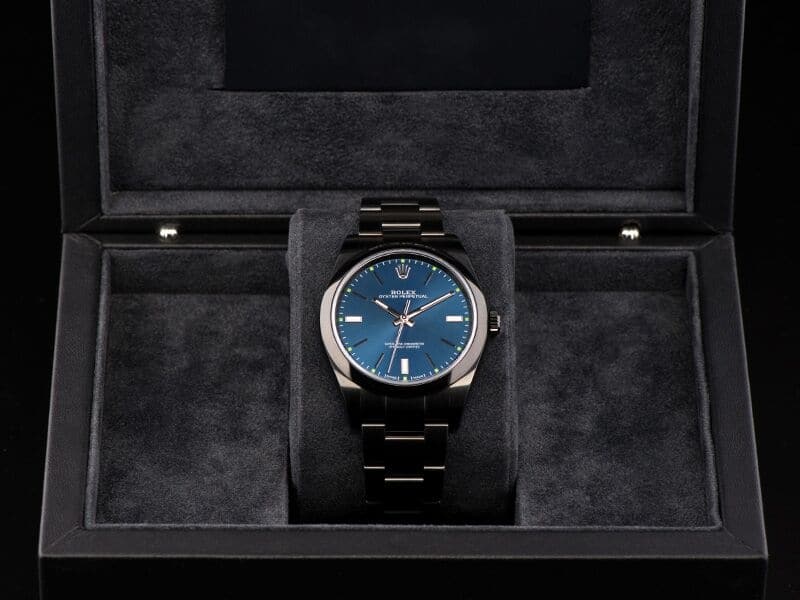 Rolex Oyster Perpetual Blue Dial Black PVD/DLC Coated Stainless Steel Watch 114300