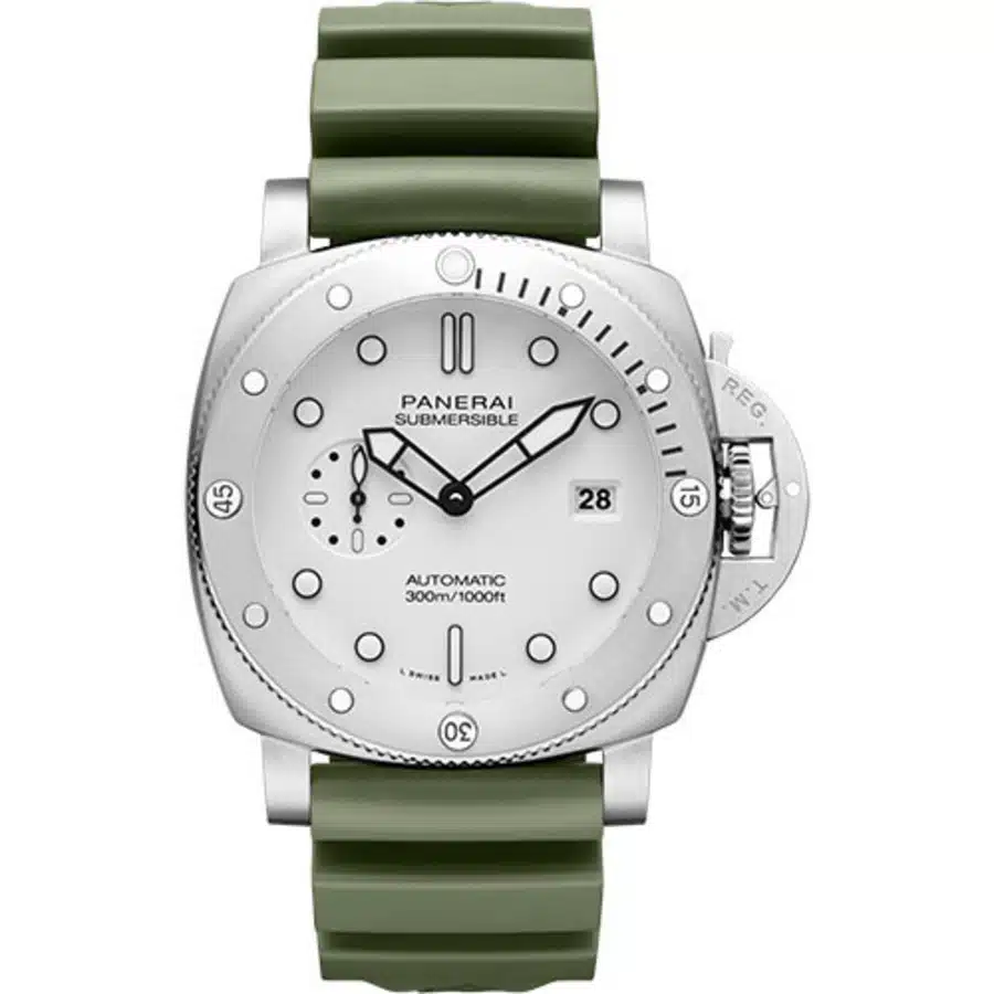 Panerai Luminor Submersible 44mm Stainless Steel With Green Rubber Watch White Dial PAM01226