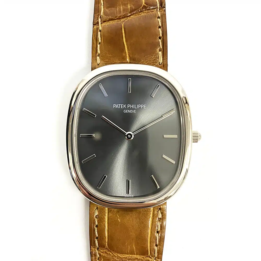 Patek Philippe Golden Ellipse 3738G-100 White Gold With Brown Leather Watch Grey Dial