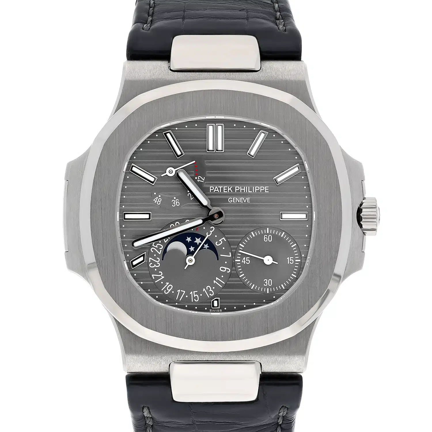 Patek Philippe Nautilus 5712G-001 Moonphase White Gold Mens Watch Grey Dial