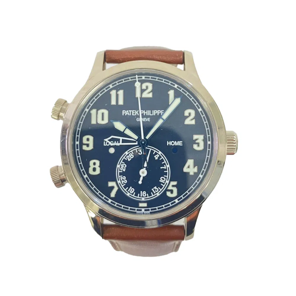 Patek Philippe Calatrava Travel Time 5524G-001 white gold watch, blue dial, brown leather strap
