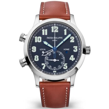 Patek Philippe Calatrava Travel Time 5524G-001 white gold watch, blue dial, brown leather strap