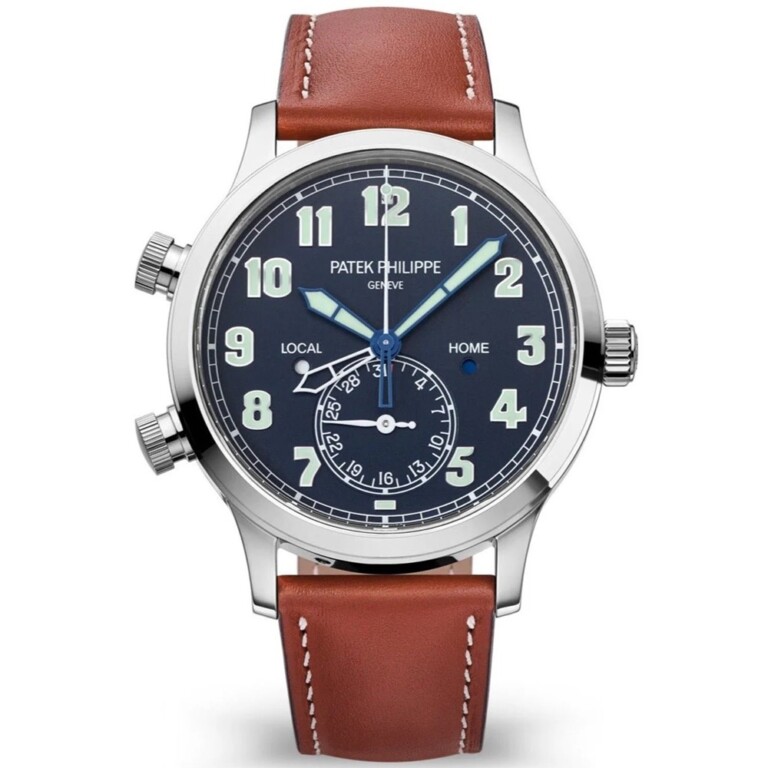 Patek Philippe Calatrava Travel Time 5524G-001 white gold watch, blue dial, brown leather strap