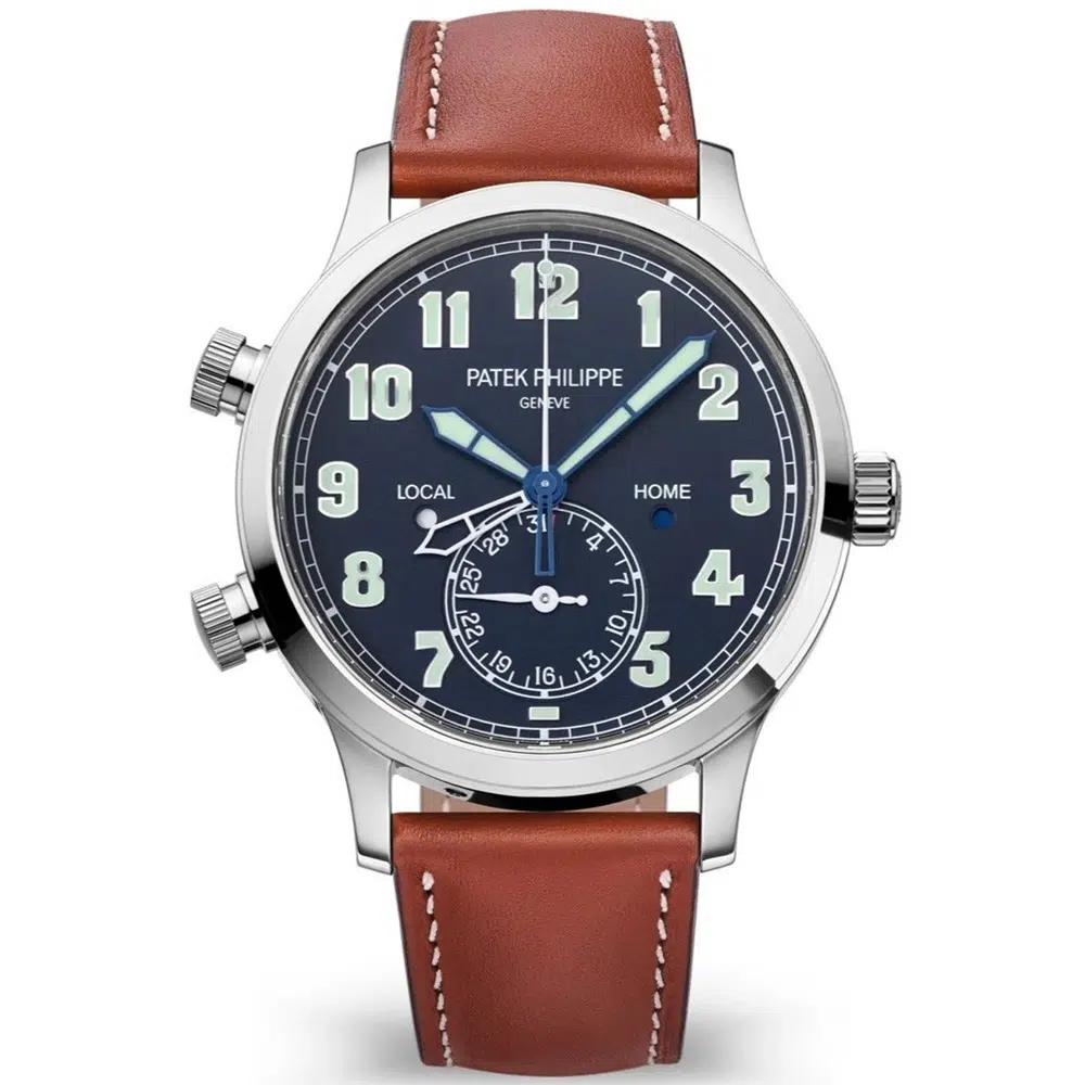 Patek Philippe Calatrava Travel Time 5524G-001 White Gold with Brown Leather Watch Blue Dial