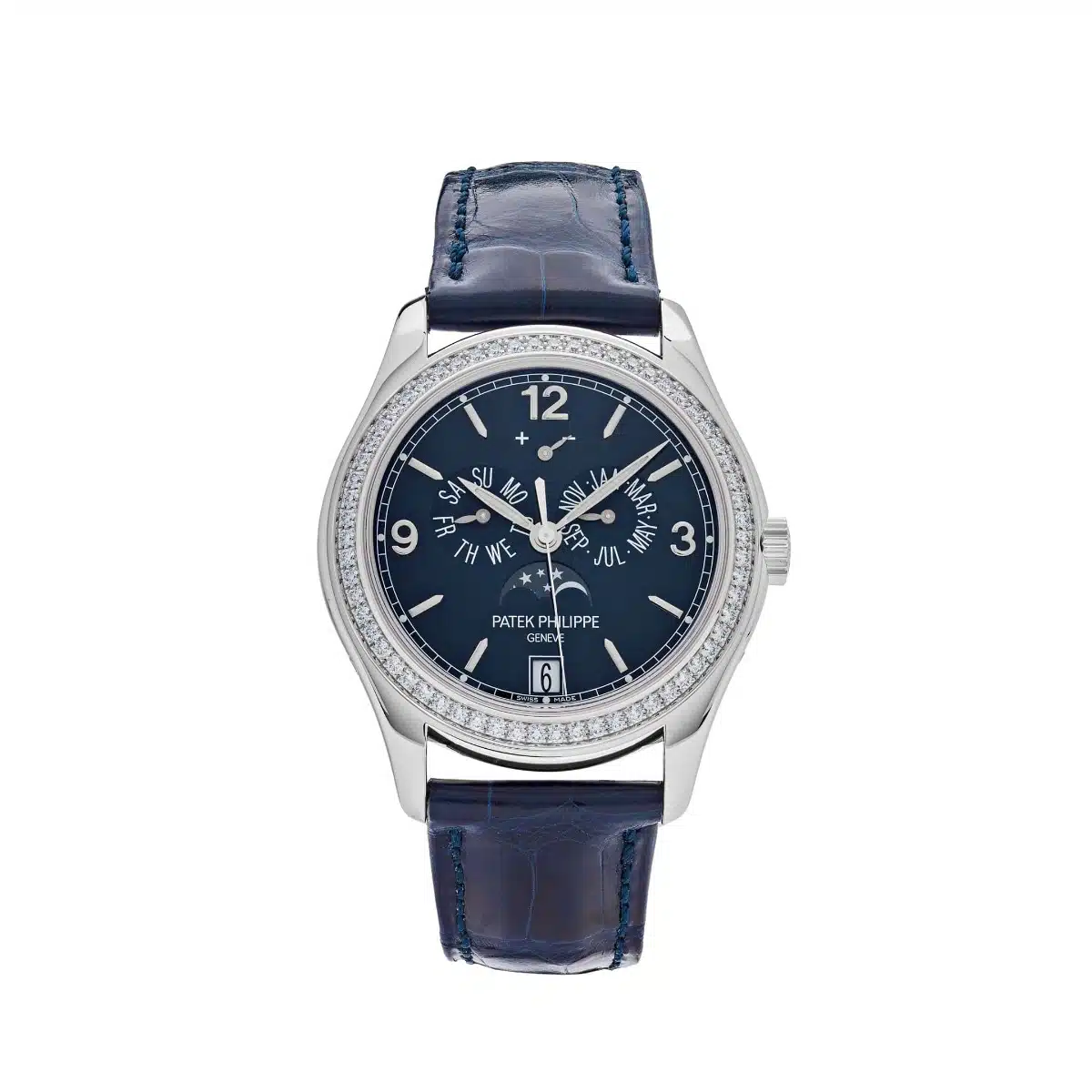 Patek Philippe Complications Ladies Annual Calendar 5147G-001 White Gold Watch with Blue Leather Blue Dial