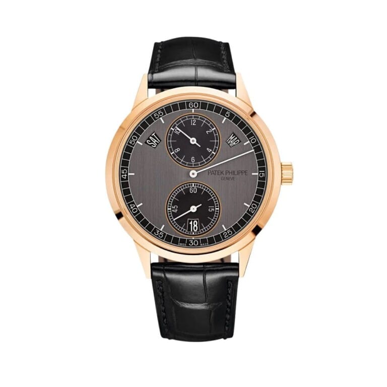 Patek Philippe Complications 40.5mm 5235/50R-001 Rose Gold With Black Leather Watch Black Dial