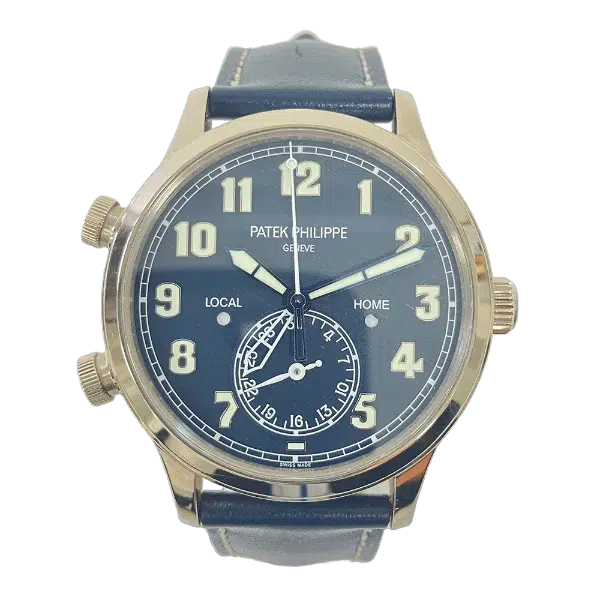 Patek Philippe Calatrava Travel Time 5524G-001 white gold watch, blue dial detail