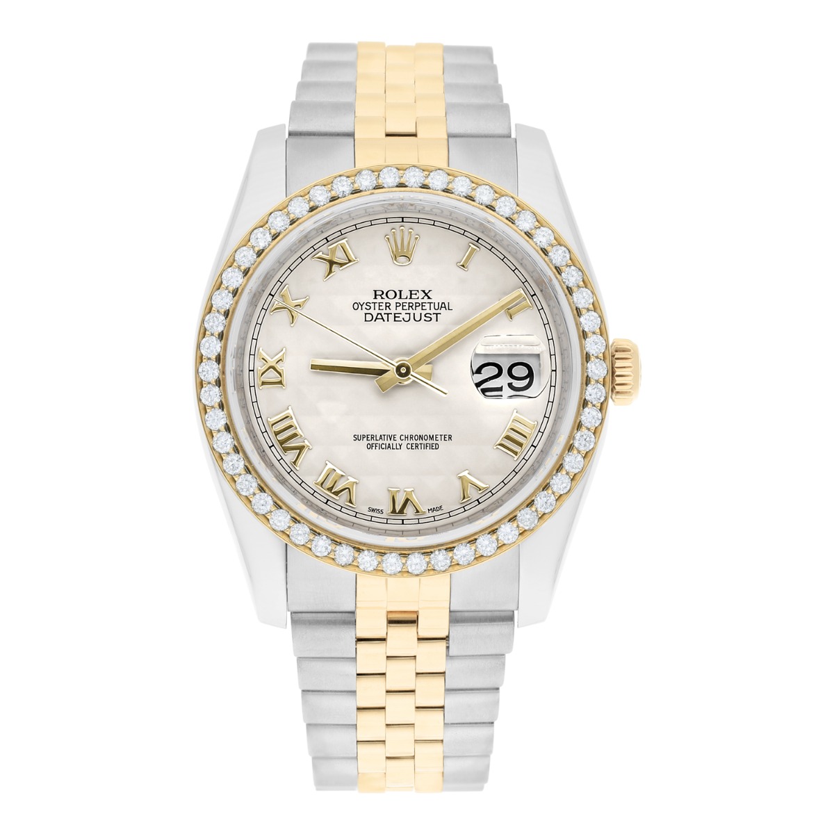 Rolex Datejust 36 Diamond Gold and Steel 116233 Ivory Pyramid Dial Jubilee Watch