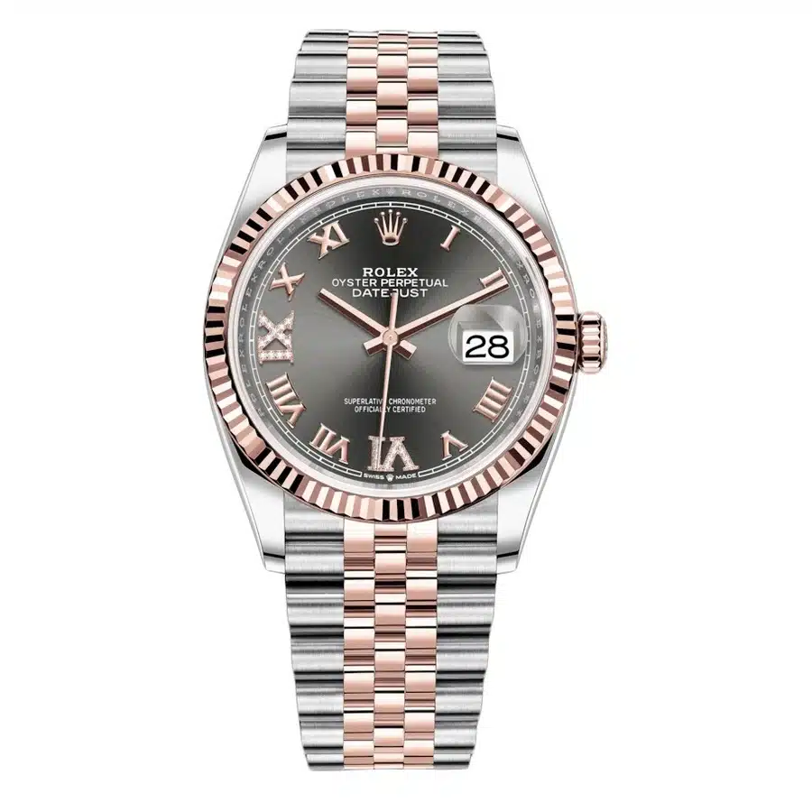 Rolex Datejust 126231-0023 36MM Stainless Steel & Rose Gold with Slate Roman Pave 6 and 9 Watch