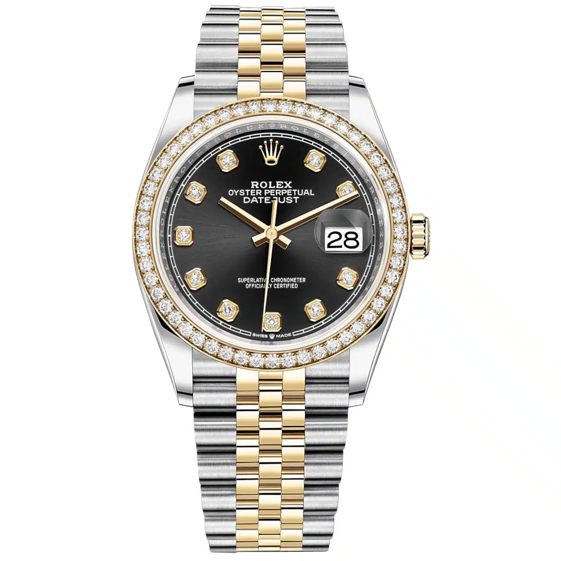Rolex Datejust 126283rbr-0007 36mm Black Diamond Dial Diamond Bezel Stainless Steel Yellow Gold Watch