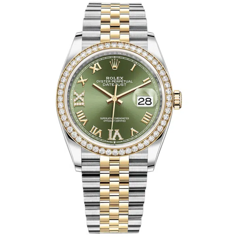 Rolex Datejust Jubilee 36mm 126283RBR-0011 Stainless Steel & Yellow Gold Watch Green Roman Pave VI and IX Dial