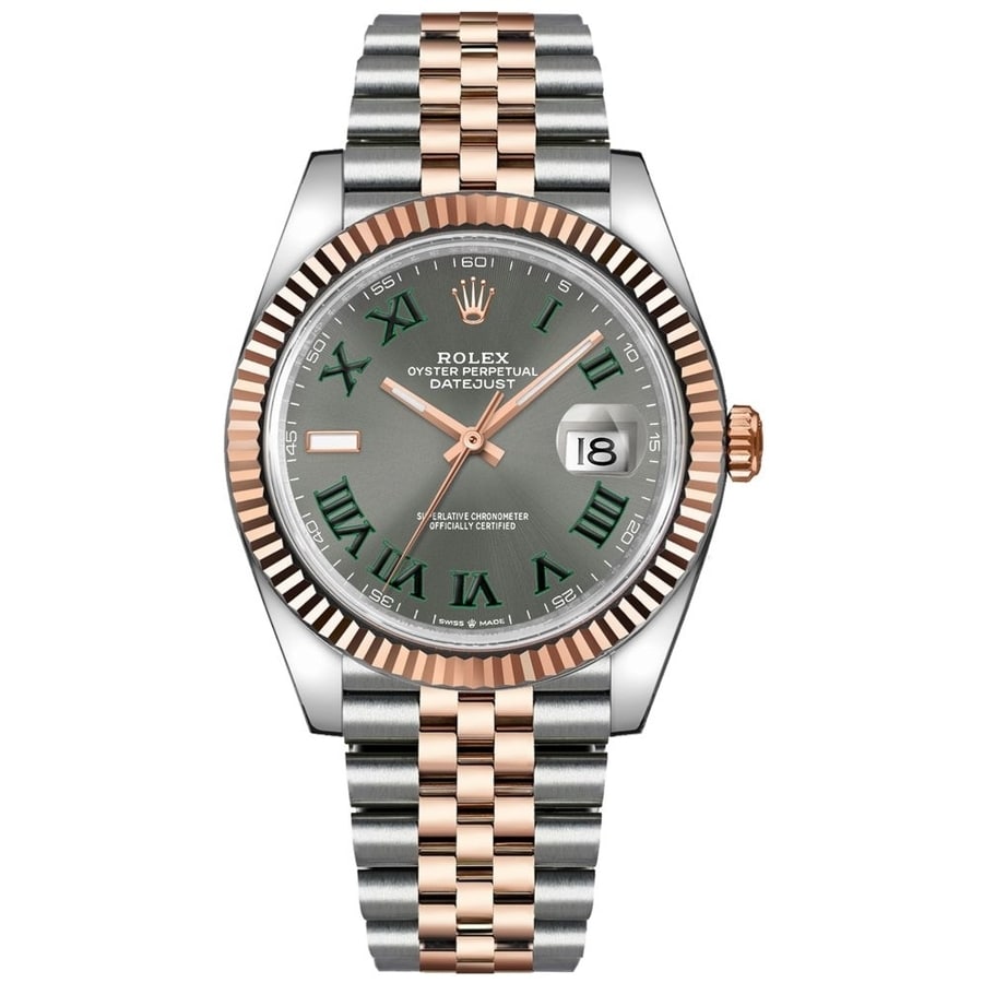 Rolex Datejust 41mm Stainless Steel & Rose Gold Watch Grey Green Roman Dial 126331