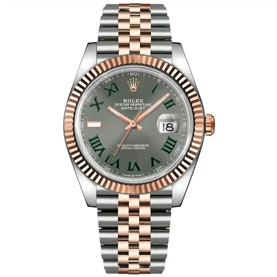 Rolex Datejust 41mm Stainless Steel & Rose Gold Watch Grey Green Roman Dial 126331