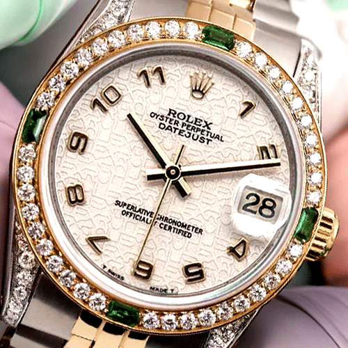 Rolex Datejust 68273 31 Cream Dial Two Tone Diamond & Emerald Wrist Watch