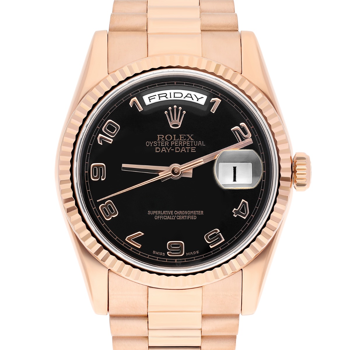 Rolex Day-Date 36mm 118235-0018 Rose Gold Watch with Presidential Band Black Dial