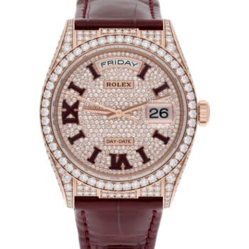 Rolex DayDate 36mm 18K Rose Gold Diamond Bezel Pave Diamond Roman Dial 128155RBR