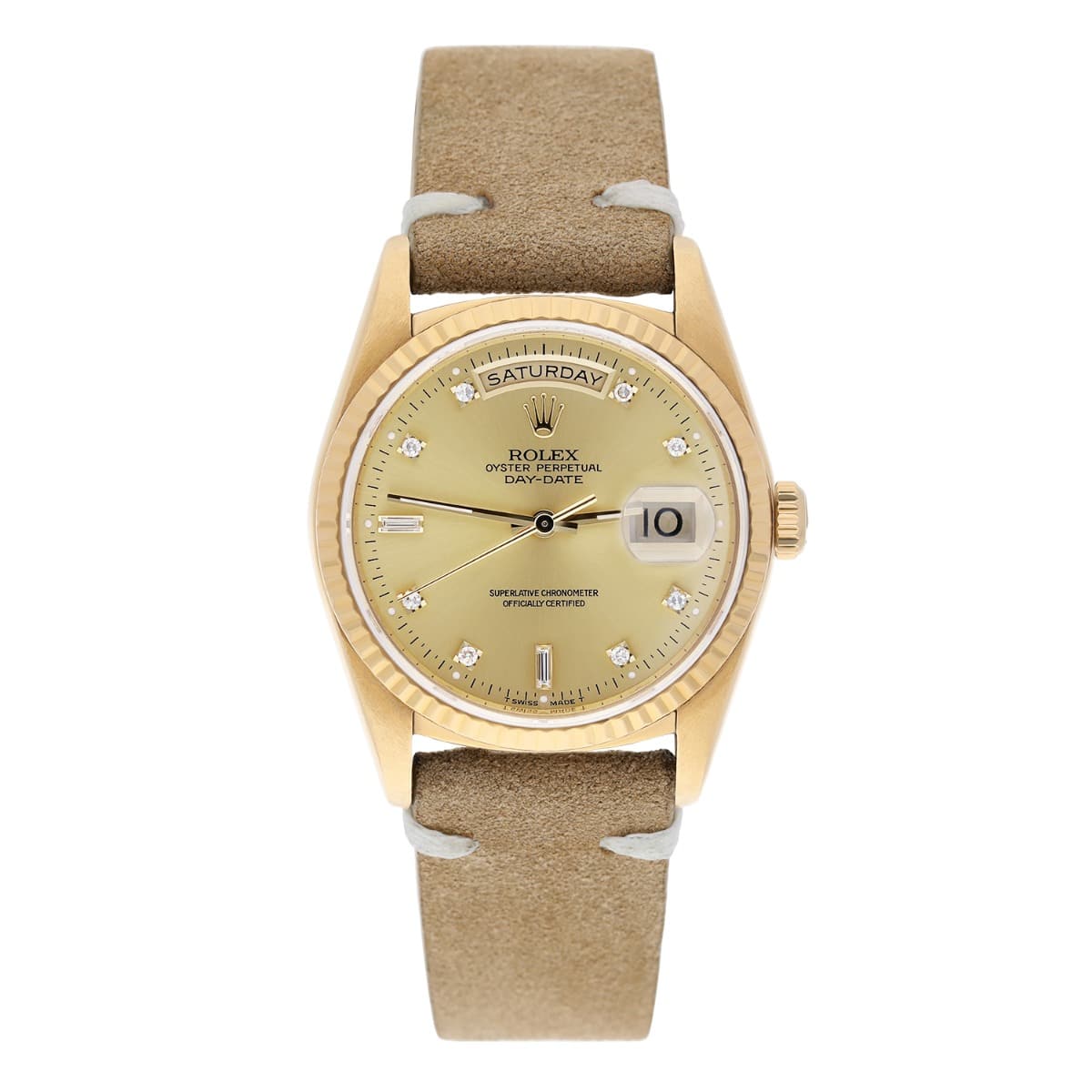 Rolex Day-Date 36mm 18238 18K Yellow Gold Watch Fluted Bezel Champagne Diamond