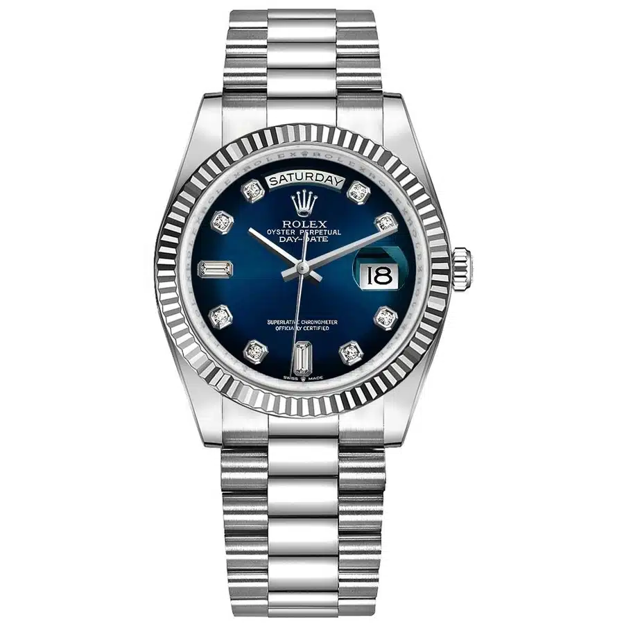 Rolex Day-Date 36mm President 128239-0023 White Gold Watch Blue Diamond Dial