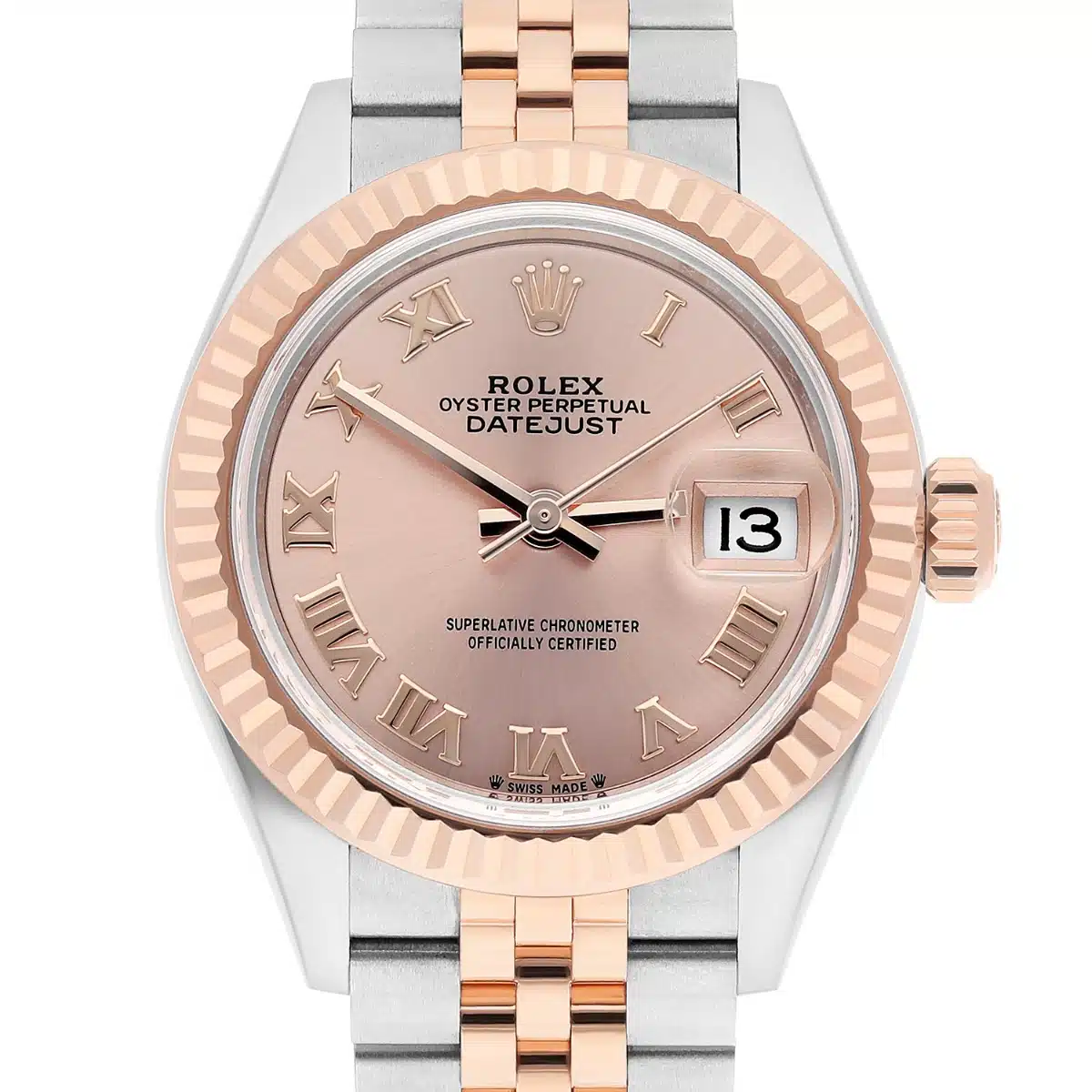 Rolex Lady Datejust 28mm Rose Gold/Steel Pink Roman Dial & Fluted Bezel Jubilee Bracelet 279171