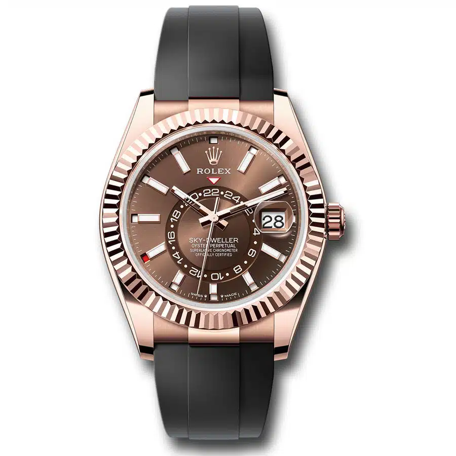 Rolex Sky-Dweller 336235-0002 Rose Gold With Black Rubber Watch Chocolate Index Dial