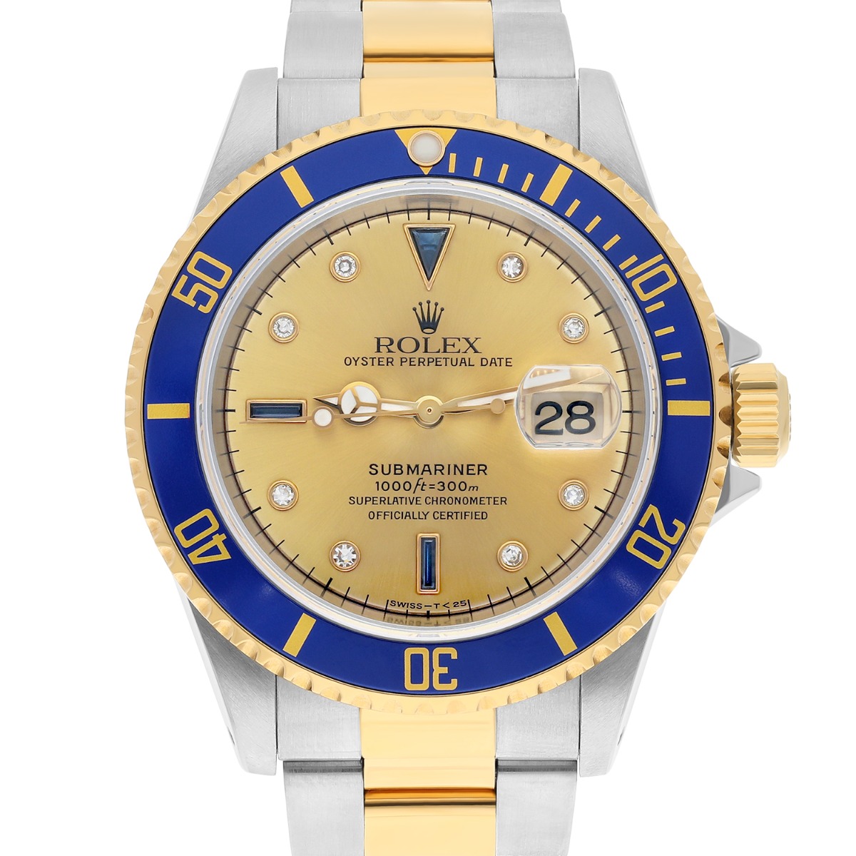 Rolex Submariner 18k Yellow Gold/Steel Serti Gold Diamond Dial Mens Watch 16613