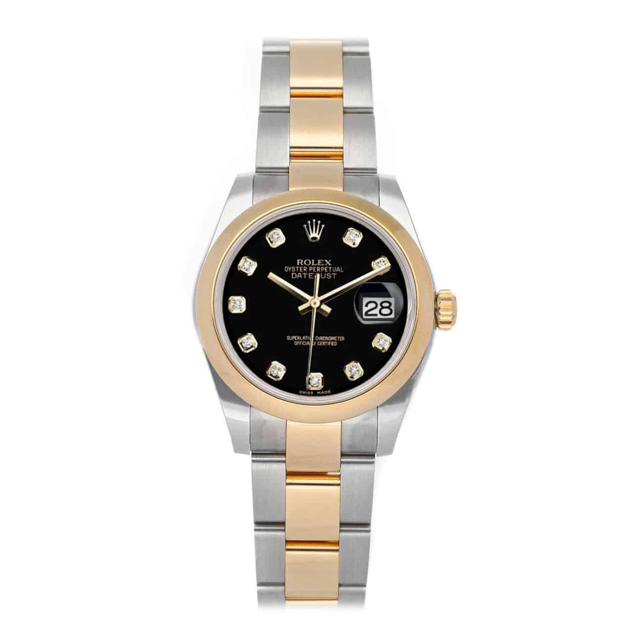 Rolex Datejust 31mm Steel & Yellow Gold Watch Black Diamond Dial Oyster Band 178243