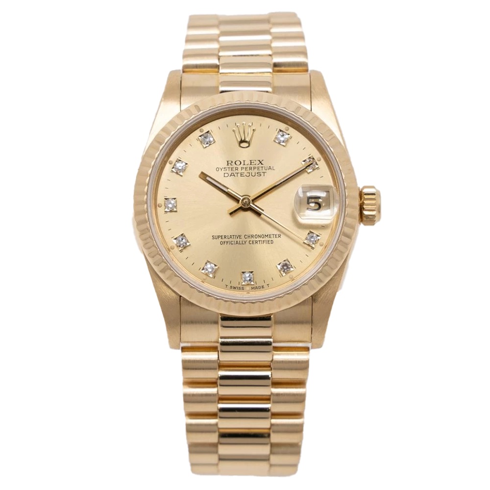 Rolex Datejust 31mm Presidential 68278 Yellow Gold Watch Champagne Diamond Dial 1995