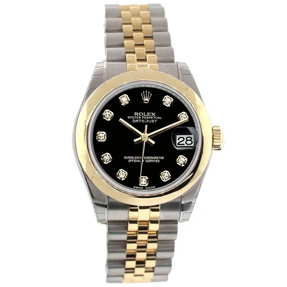 Rolex Datejust 178243 31mm Steel & Yellow Gold Watch Black Diamond Dial Jubilee Band
