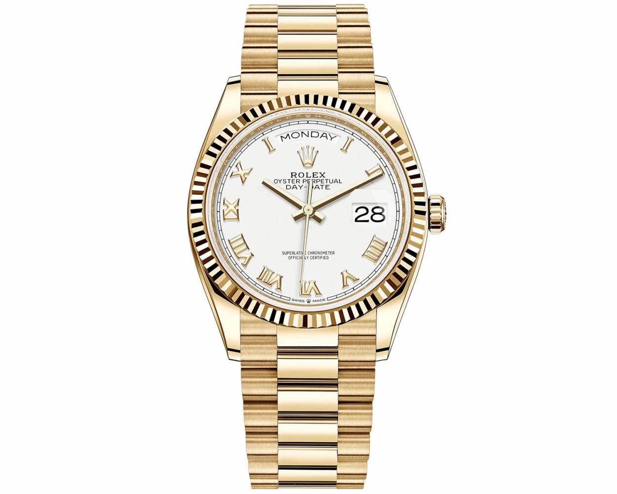 Rolex Day-Date 36 128238-0076 White Roman Dial President Yellow Gold Watch