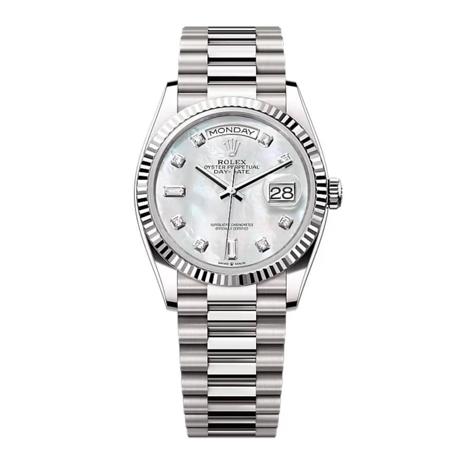 Rolex Day-Date 128239-0007 White Gold with White Mother of Pearl Diamond Dial
