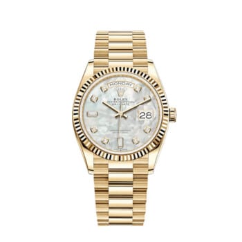 Rolex 36MM Day Date 128238-0011 Yellow Gold Watch MOP Baguette Diamond Dial 2024