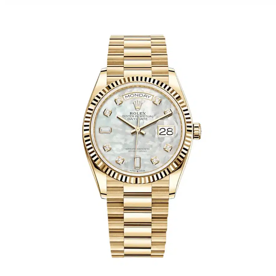 Rolex 36MM Day Date 128238-0011 Yellow Gold Watch MOP Baguette Diamond Dial 2024
