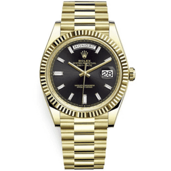 Rolex Day-Date 228238 Yellow Gold Watch Black Baguette Diamond Dial