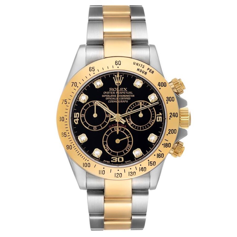Rolex Daytona Oyster 40mm 116523 Stainless Steel & Yellow Gold Watch Black Diamond Dial
