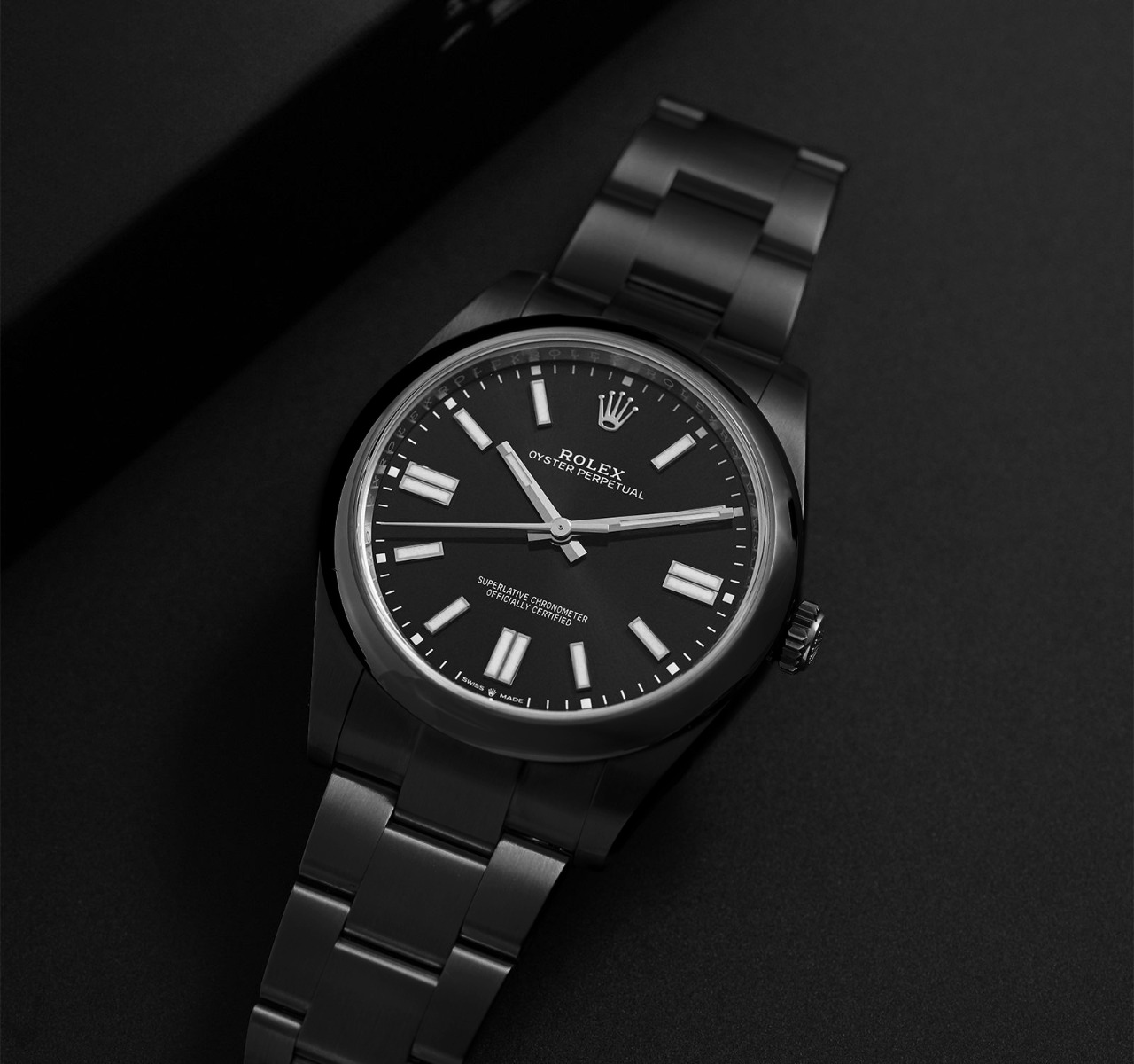 Rolex Oyster Perpetual Black Dial Black PVD/DLC Coated Stainless Steel Watch 114300