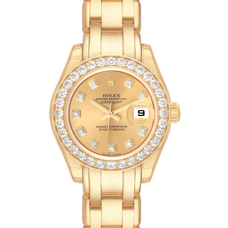 Rolex Lady-Datejust Pearlmaster 80298 Yellow Gold Diamond Watch with Champagne Diamond Dial
