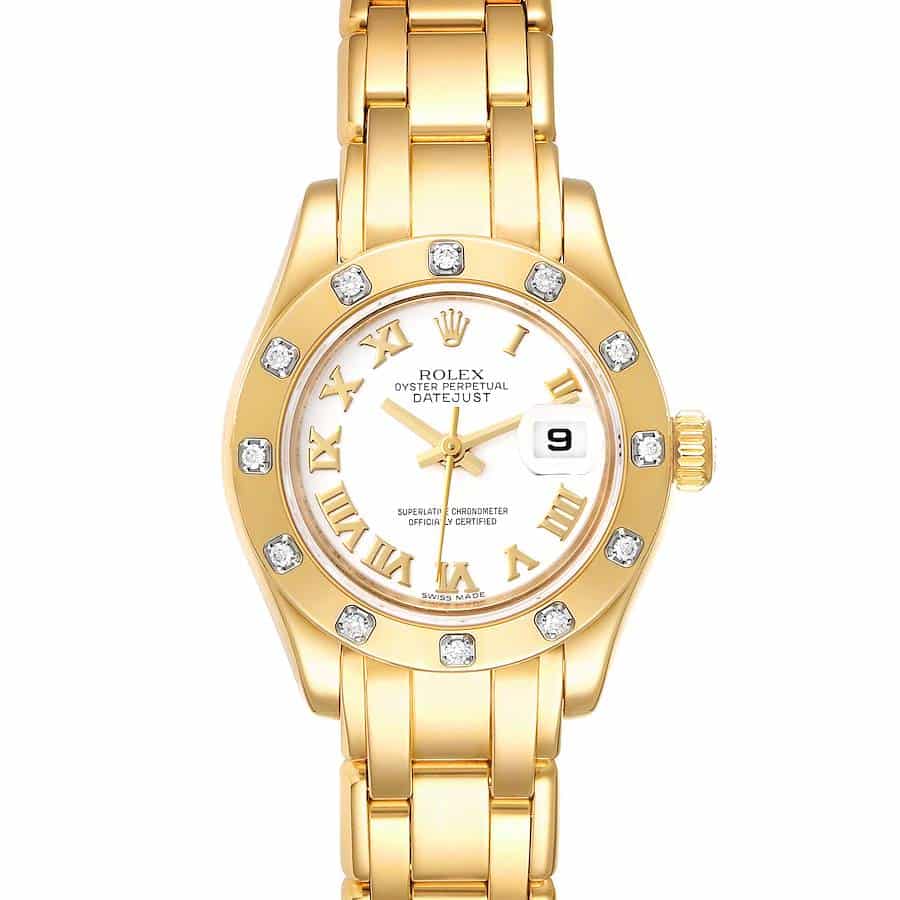 Rolex Pearlmaster 29mm 18k Yellow Gold Watch with White Mother Of Pearl dial 80318