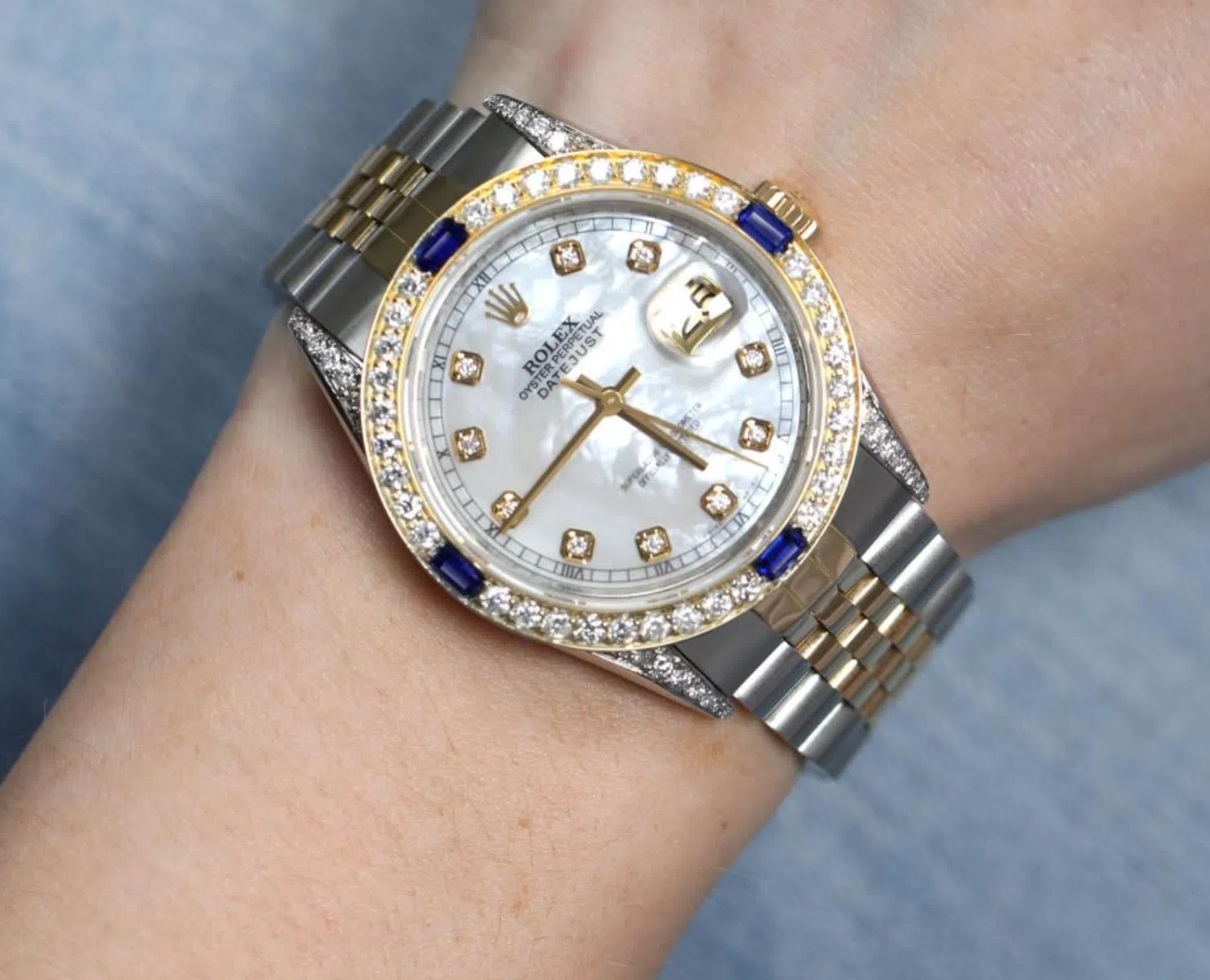 Rolex Datejust 36mm Diamond Bezel & Shoulders White Mother of Pearl Diamond Dial Two Tone Jubilee Watch – image 2