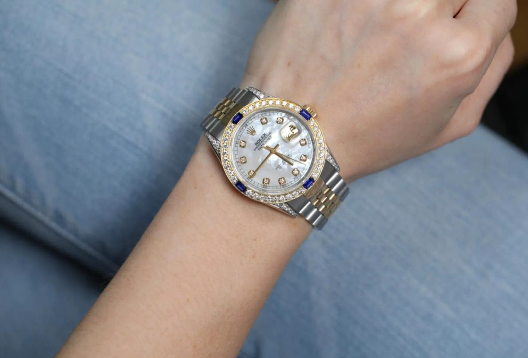 Rolex Datejust 36mm Diamond Bezel & Shoulders White Mother of Pearl Diamond Dial Two Tone Jubilee Watch – image 6