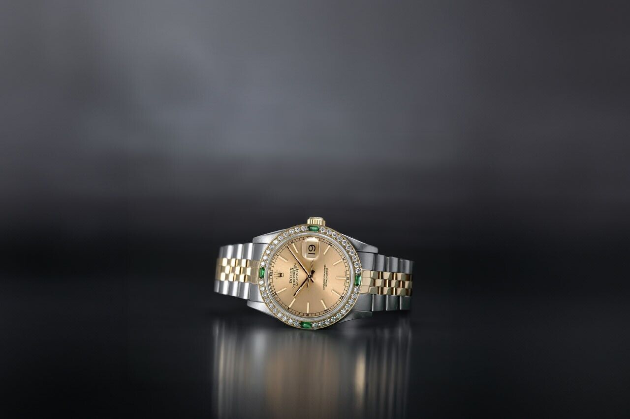 Rolex Datejust 31 Champagne Dial Two Tone Ladies Watch Diamond/Emerald Bezel 68273