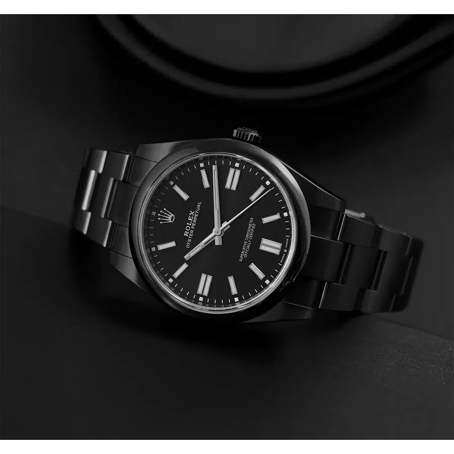 Rolex Oyster Perpetual 114300 black PVD DLC steel watch, dial detail