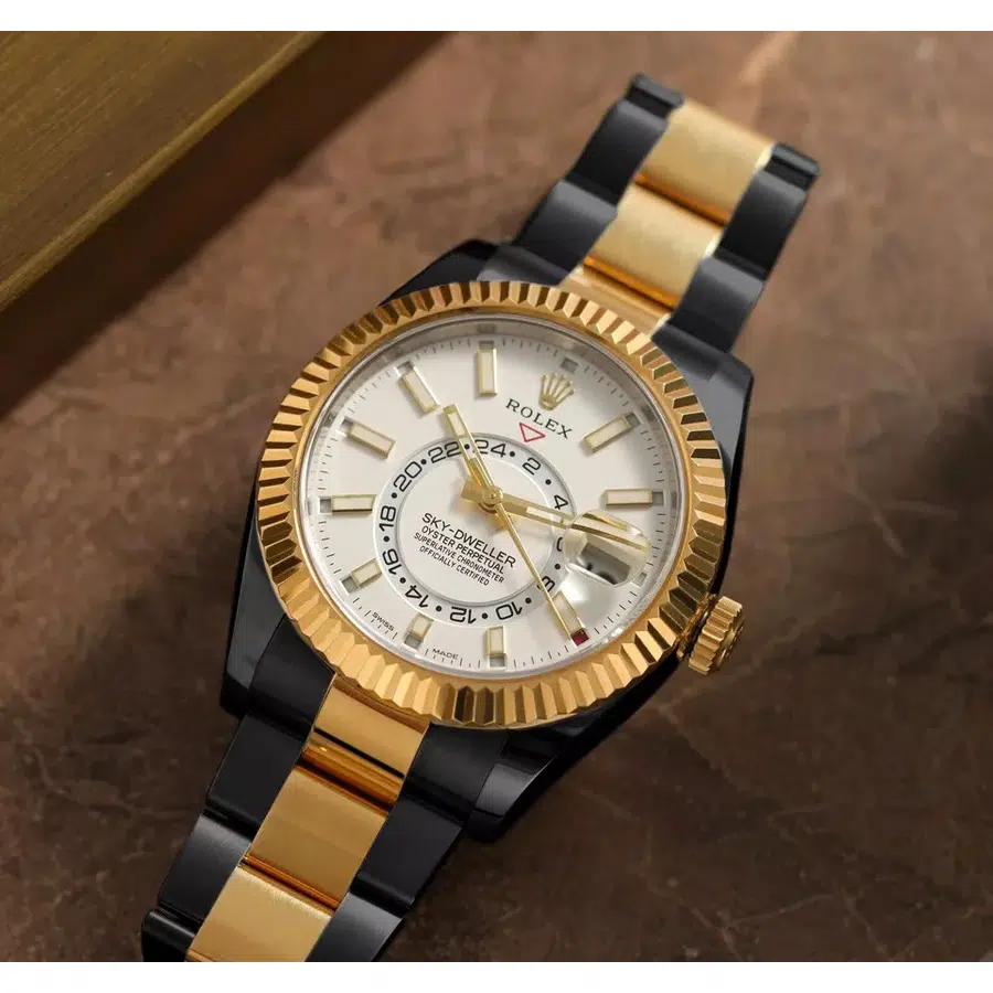 Rolex Sky-Dweller 326933 black PVD/DLC gold and steel watch, dial detail
