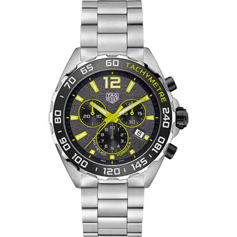 Tag Heuer Formula 1 Chronograph Quartz 43 mm Steel Case CAZ101AG.BA0842 Lime Yellow Accented Grey Dial Steel Bracelet