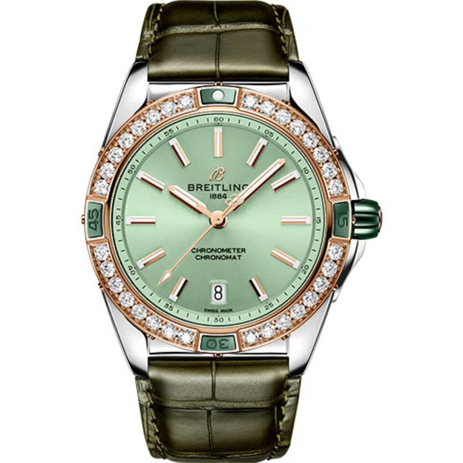 Breitling Super Chronomat 38mm U17356531L1P1 Diamond Bezel Steel & Gold With Green Leather Watch Green Dial