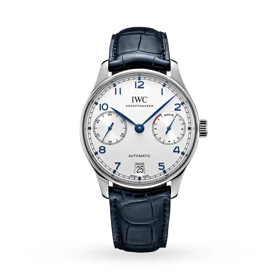 IWC Portugieser Automatic 42 mm Stainless Steel Case IW500705 Silver Dial Blue Alligator Strap 2024